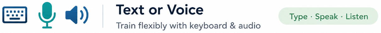 Text or voice – train flexibly with keyboard & audio